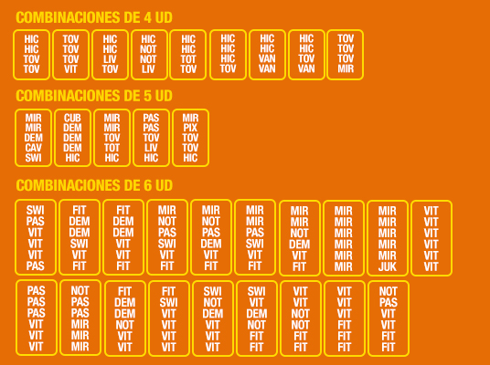COMBINACIONES DE 6 UD COMBINACIONES DE 5 UD COMBINACIONES DE 4 UD